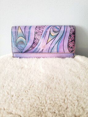 Y2K Anna by Anuschka Hand Painted Leather Wallet Purple Floral Heart Boho Artsy